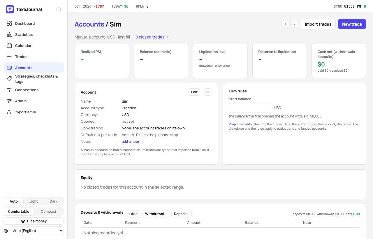 An account’s page with the Import trades button, the equity, the ledger and the settings