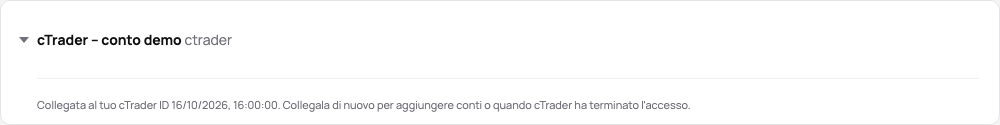La scheda della connessione cTrader nella demo: collegata a un cTrader ID