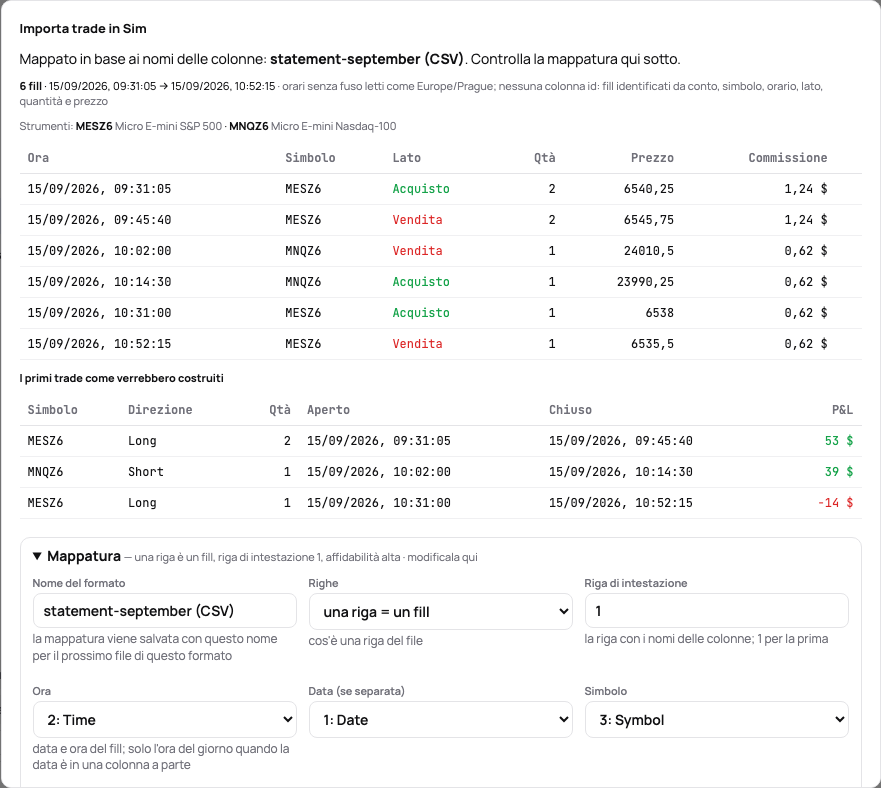 L’anteprima di un estratto conto mappato: i primi fill, i trade che costruiscono e la mappatura da correggere