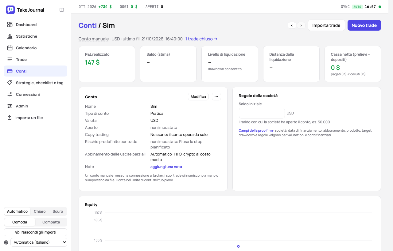 La pagina di un conto con il pulsante Importa trade, l’equity, il registro e le impostazioni