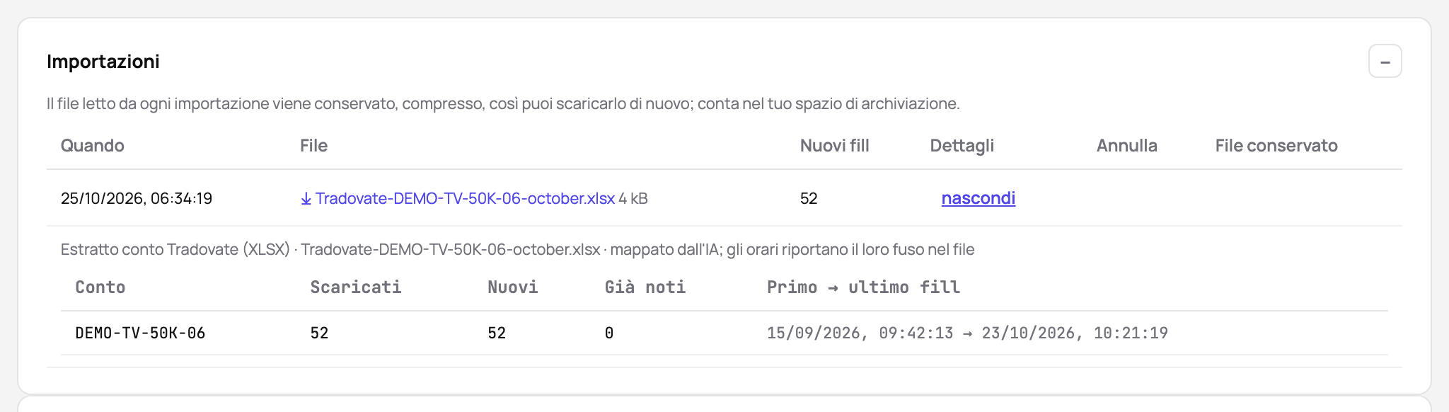 Le importazioni di un conto: un estratto conto Tradovate mappato dall’IA, con i fill letti, nuovi e già noti, e il primo e l’ultimo fill