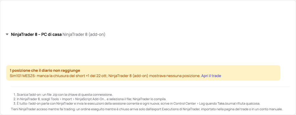 La scheda della connessione nella demo: lo stato dell’add-on, i suoi tre passi e il link alla guida