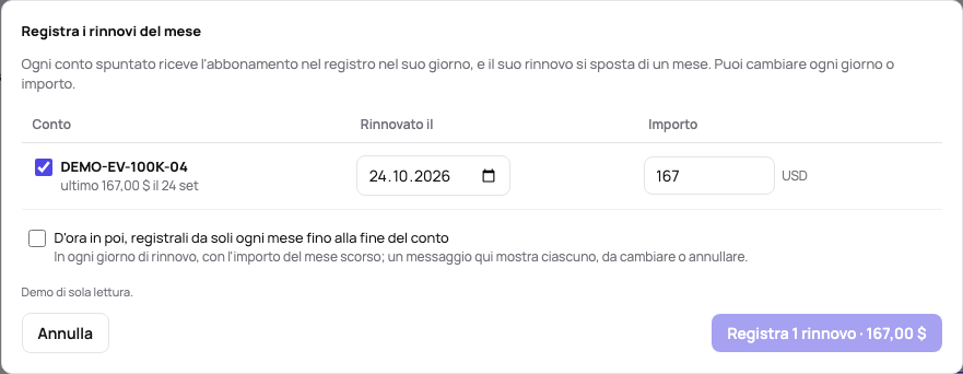 I rinnovi del mese: ogni conto in scadenza spuntato con il suo giorno di rinnovo e l’importo del mese scorso, la scelta di ripeterli da soli e un pulsante per registrarli
