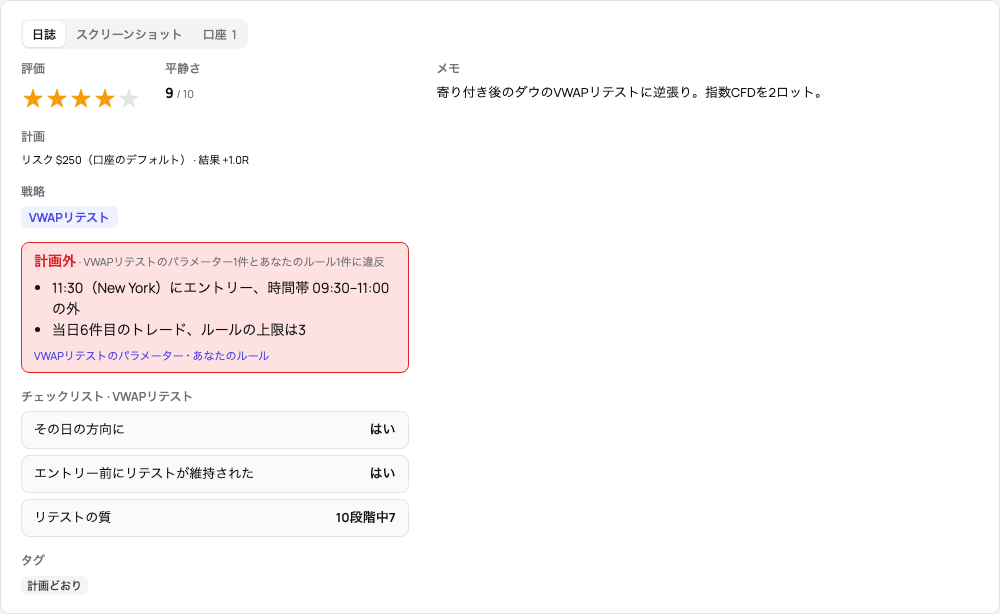 計画外のトレード：戦略の下に、破ったパラメーターとルールを言葉で、それぞれへのリンク付きで表示
