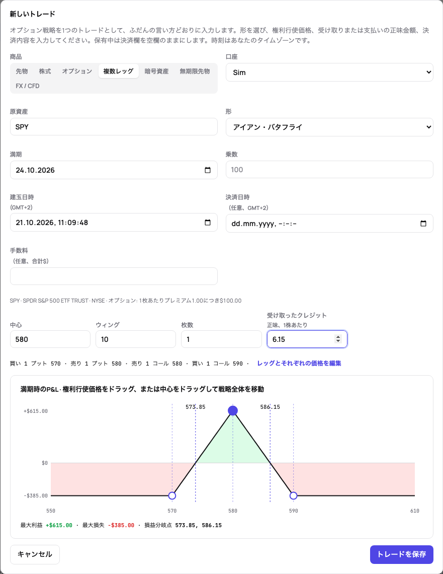 パラメーターで入力したアイアンバタフライ:中心、ウイング、受け取ったクレジットと決済で支払った額、一覧になったレッグ、満期時のP&L