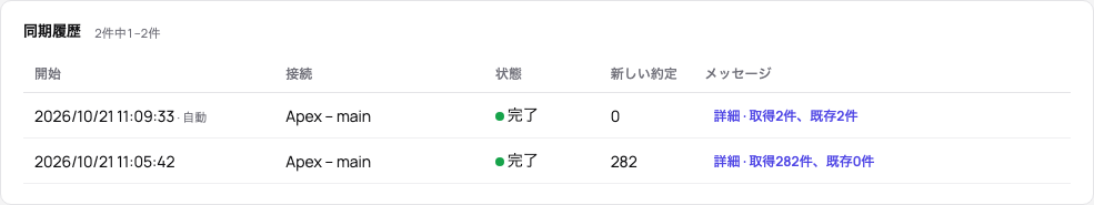 実行の詳細を開いた同期履歴:口座ごとの取得、新規、既知の約定