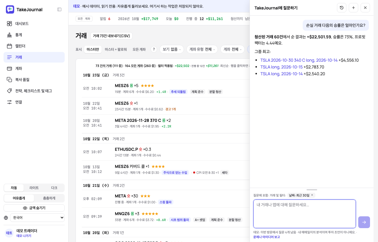 데모의 거래 페이지에 있는 AI 채팅: 손실 거래 다음과 이긴 거래 다음의 승률을 비교한 표
