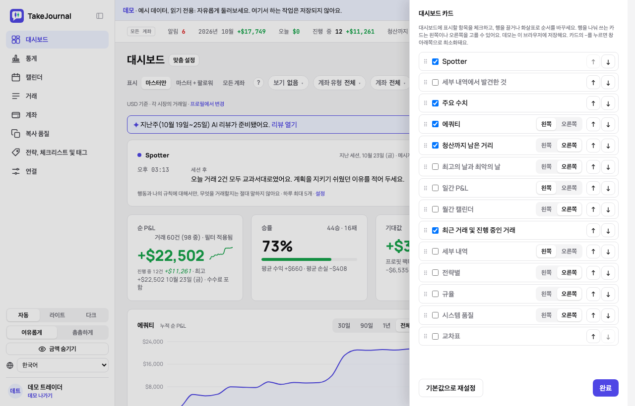 맞춤 설정: 체크와 화살표가 있는 대시보드 카드, 추가할 통계 카드, 기본값으로 재설정