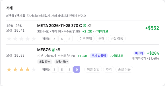 행마다 기록한 그날의 거래: 별, 평정심, 칩으로 된 실수, 각 한 줄 메모, 건수와 이날을 검토 완료로 표시