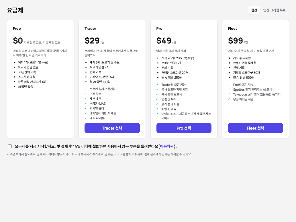 요금제: Free, Trader, Pro, Fleet가 가격, 한도, 각각 더해지는 기능과 함께 나란히 있고, 요금제를 지금 시작하는 체크박스와 부가세 안내