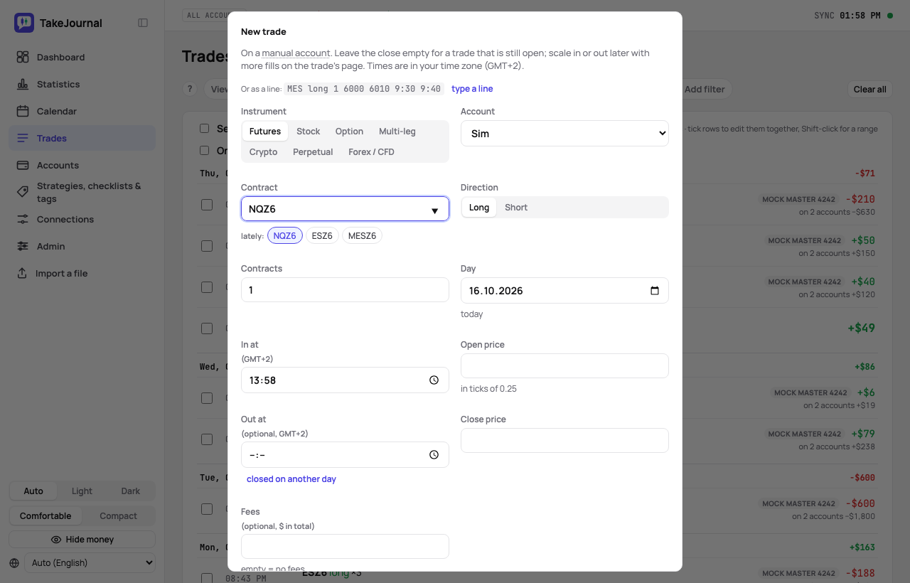 The new-trade dialog: instrument, account, direction, contracts, open and close with prices, fees