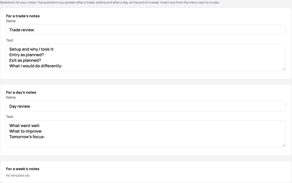 The note templates: a trade’s review and a day’s review, each with its name and text