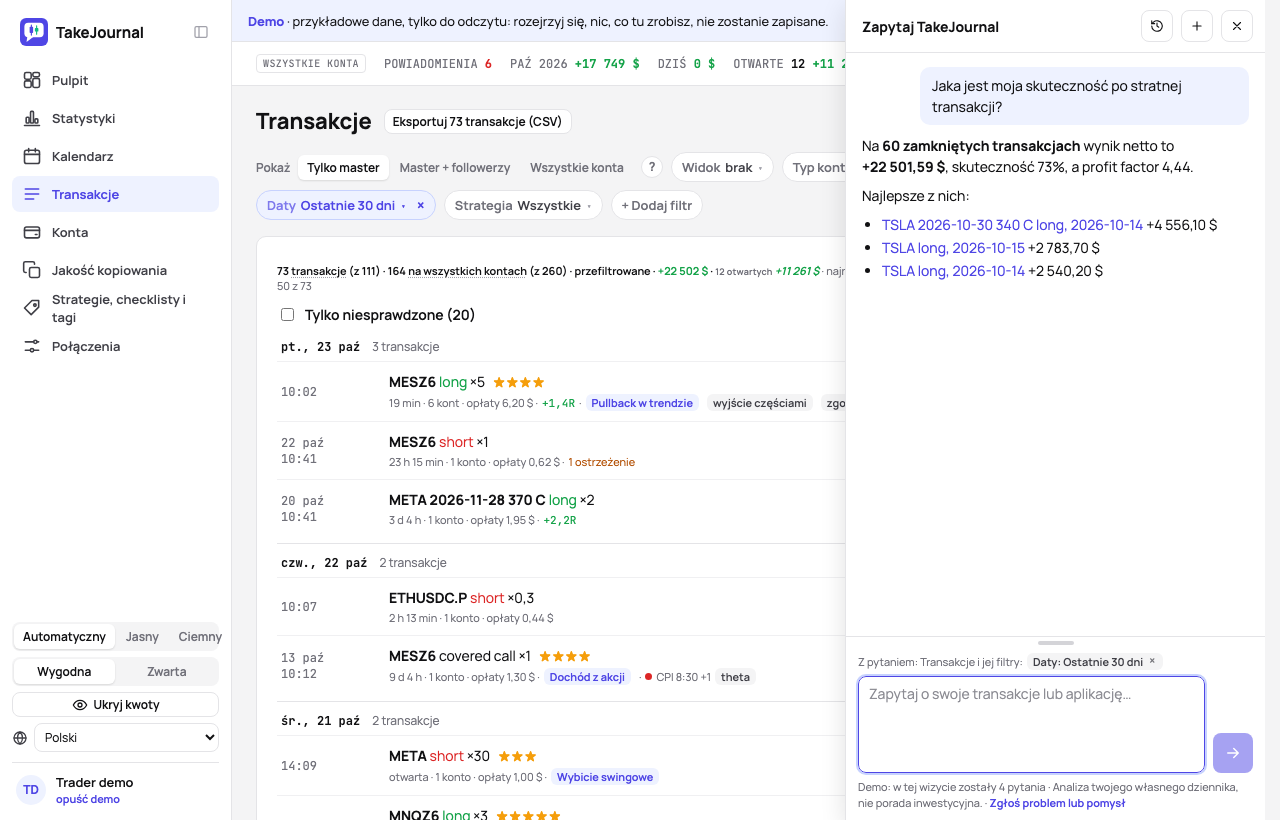 Czat AI na stronie transakcji w demo: win rate po stratnej transakcji w porównaniu z tym po zyskownej, w tabeli