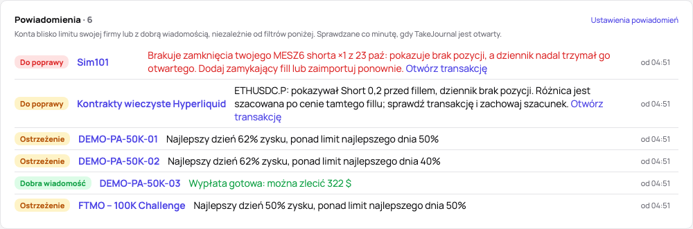 Powiadomienia na górze strony Konta: ostrzeżenie dla każdego konta z jego liczbami i od kiedy obowiązuje, gotowa wypłata jako dobra wiadomość