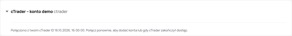 Karta połączenia cTrader w demo: połączona z cTrader ID