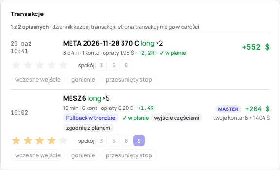 Transakcje dnia opisane w ich wierszach: gwiazdki, spokój, błędy jako chipy i wiersz notatek przy każdej, licznik i Oznacz dzień jako sprawdzony