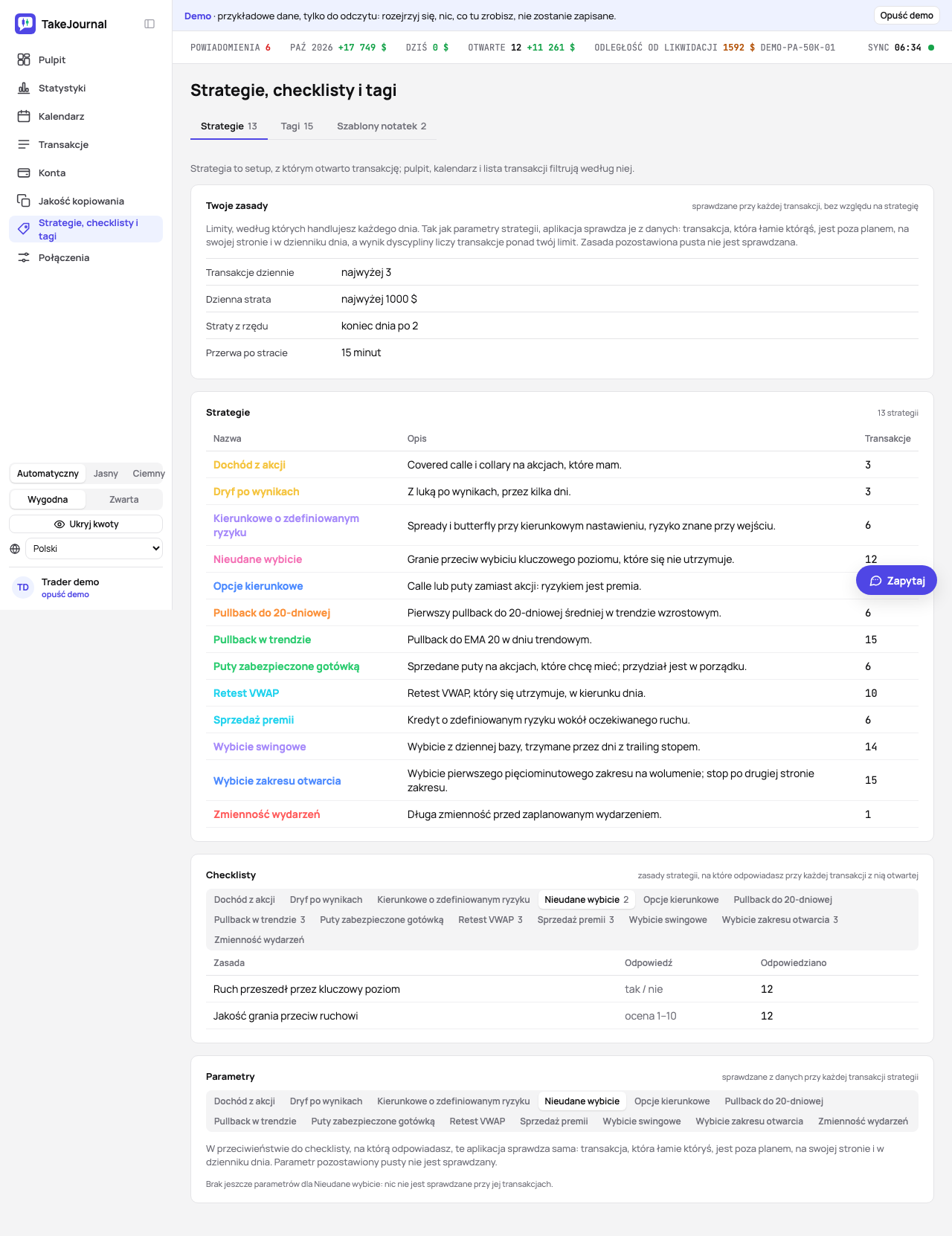 Strona Strategie, checklisty i tagi: strategie z opisami i checklisty z zakładką dla każdej strategii