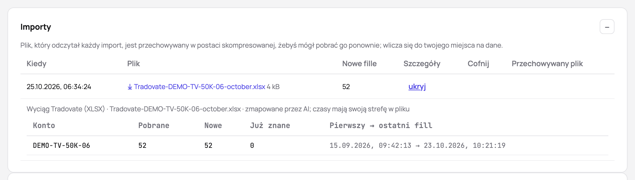 Importy konta: wyciąg z Tradovate, którego kolumny przypisała AI, z odczytanymi fillami, nowymi i już znanymi, oraz pierwszym i ostatnim fillem