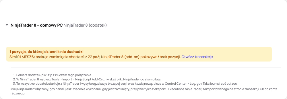 Karta połączenia w demo: stan dodatku, jego trzy kroki i link do przewodnika