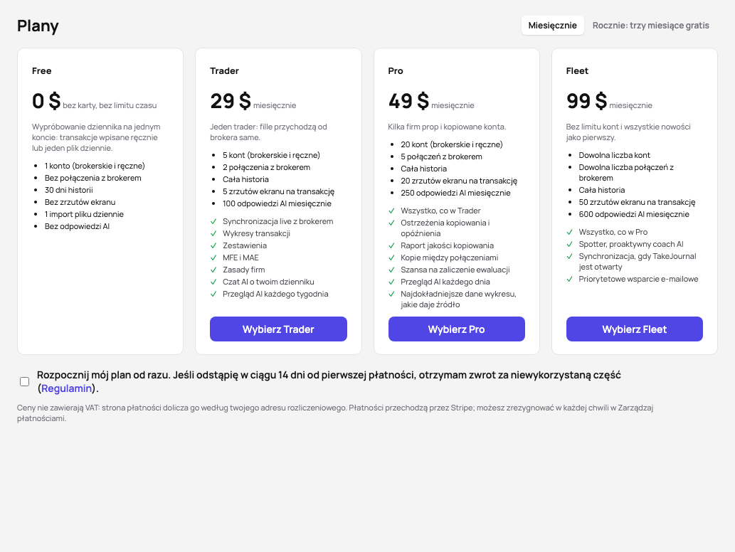 Plany: Free, Trader, Pro i Fleet obok siebie z cenami, limitami i tym, co dodaje każdy z nich, pole do rozpoczęcia planu od razu i uwaga o VAT