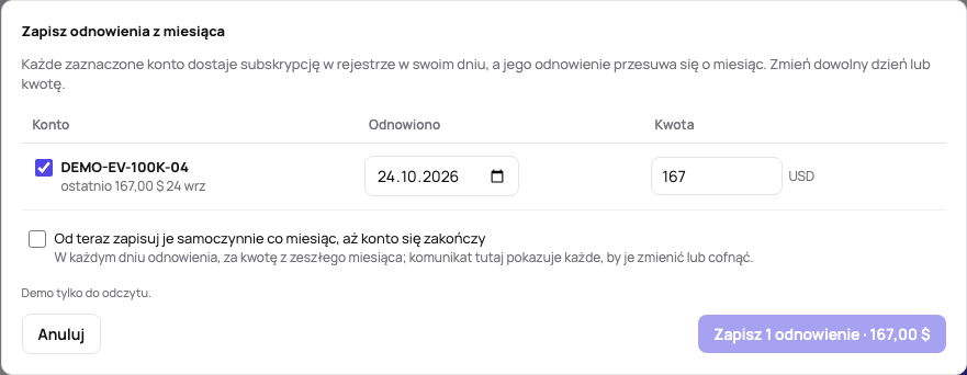Odnowienia z miesiąca: każde konto z terminem zaznaczone z dniem odnowienia i kwotą z zeszłego miesiąca, wybór samoczynnego powtarzania i jeden przycisk, który je zapisuje