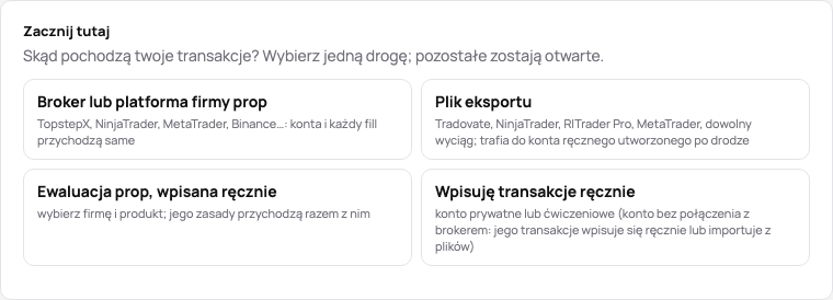 Karta Zacznij tutaj nowego dziennika: broker lub platforma firmy prop, plik eksportu, ewaluacja prop wpisana ręcznie albo transakcje ręcznie