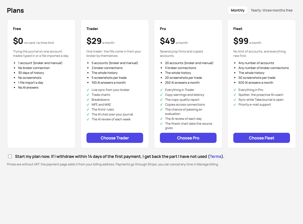 Plans: Free, Trader, Pro and Fleet side by side with their prices, their limits and what each adds, the box to start the plan now and the note on VAT