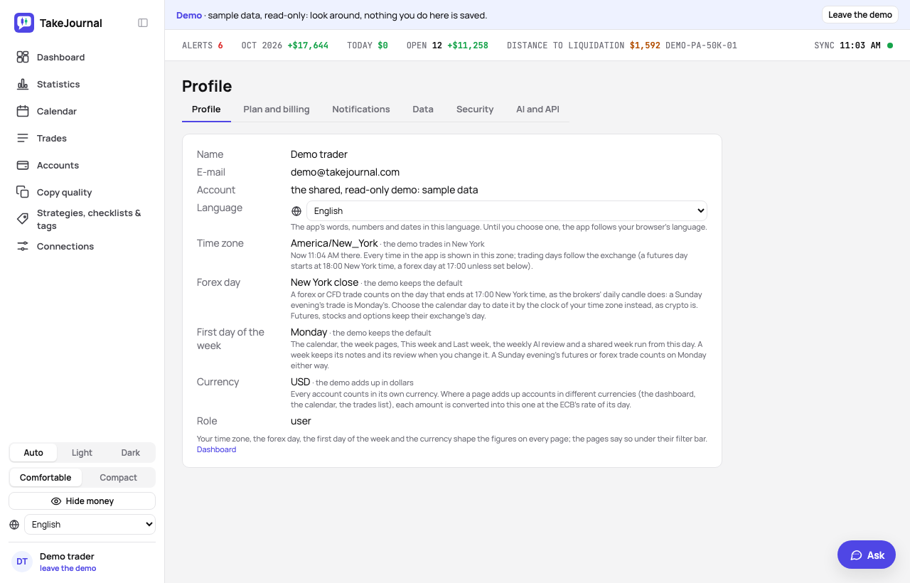 The Profile page’s first tab: the name, the language, the time zone, the forex day, the week and the currency, the tabs above