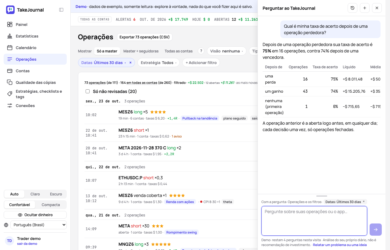 O chat com IA na página de operações da demo: a taxa de acerto depois de uma operação perdedora contra a de depois de uma vencedora, como tabela
