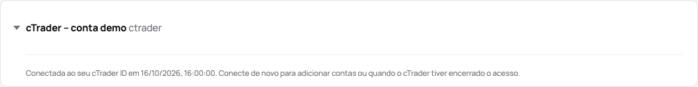 O cartão da conexão com o cTrader na demo: conectada a um cTrader ID