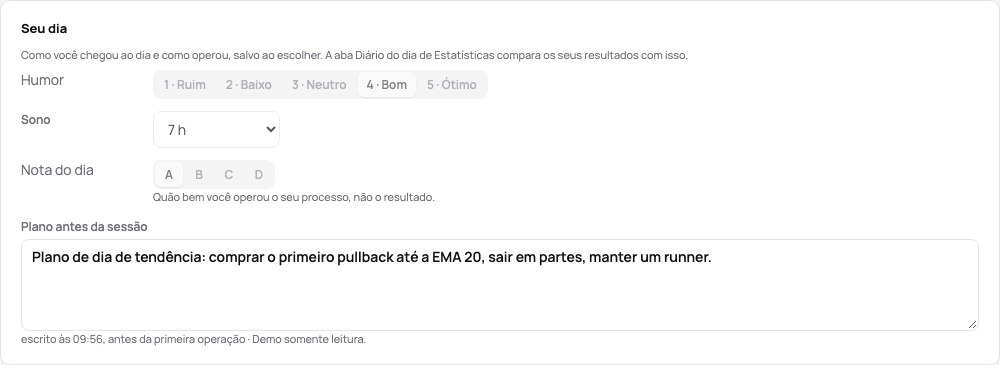 Seu dia na página de um dia: o humor, o sono, a nota do dia e o plano, escrito antes da primeira operação
