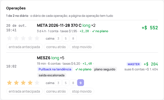As operações de um dia registradas nas suas linhas: as estrelas, a calma, os erros como chips e uma linha de notas cada uma, a contagem e Marcar o dia como revisado
