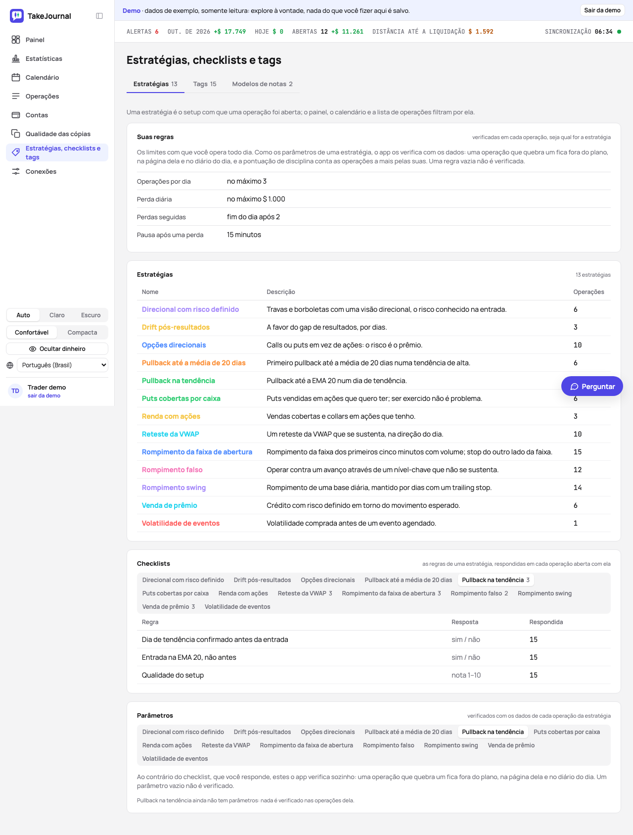 A página Estratégias, checklists e tags: as estratégias com as suas descrições, e os checklists com uma aba por estratégia