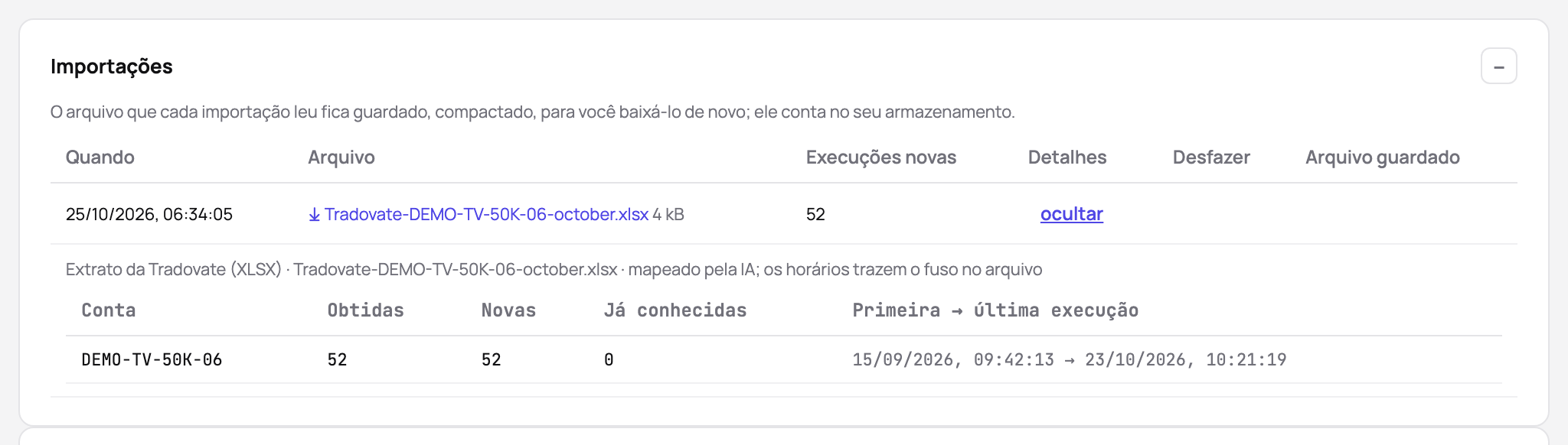 As importações de uma conta: um extrato da Tradovate mapeado pela IA, com as execuções lidas, novas e já conhecidas, e a primeira e a última execução