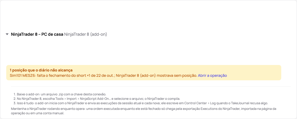 O cartão da conexão na demo: o estado do add-on, os três passos e o link para o guia