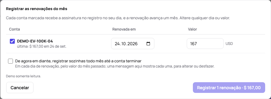 As renovações do mês: cada conta pendente marcada com o seu dia de renovação e o valor do mês passado, a opção de repeti-las sozinhas e um botão para registrá-las