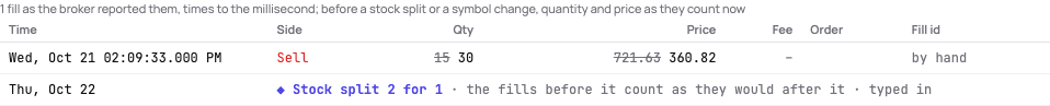 A 2-for-1 split on the Fills tab of a short held across it: the opening fill’s shares and price struck through beside those that count now