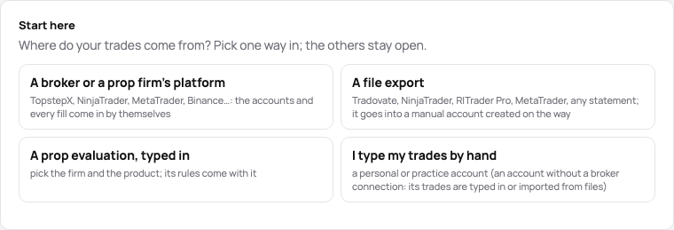 The Start here card of a new journal: a broker or a prop firm’s platform, a file export, a prop evaluation typed in, or trades by hand