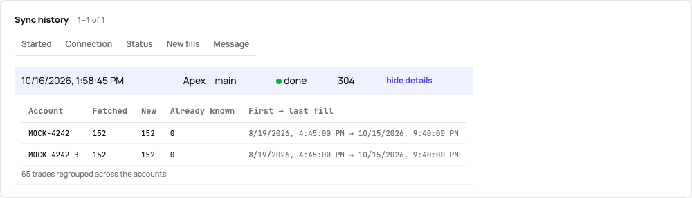 The sync history with a run’s details open: per account the fills fetched, new and known