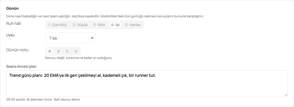 Bir günün sayfasında Günün: ruh hâli, uyku, günün notu ve ilk işlemden önce yazılmış plan