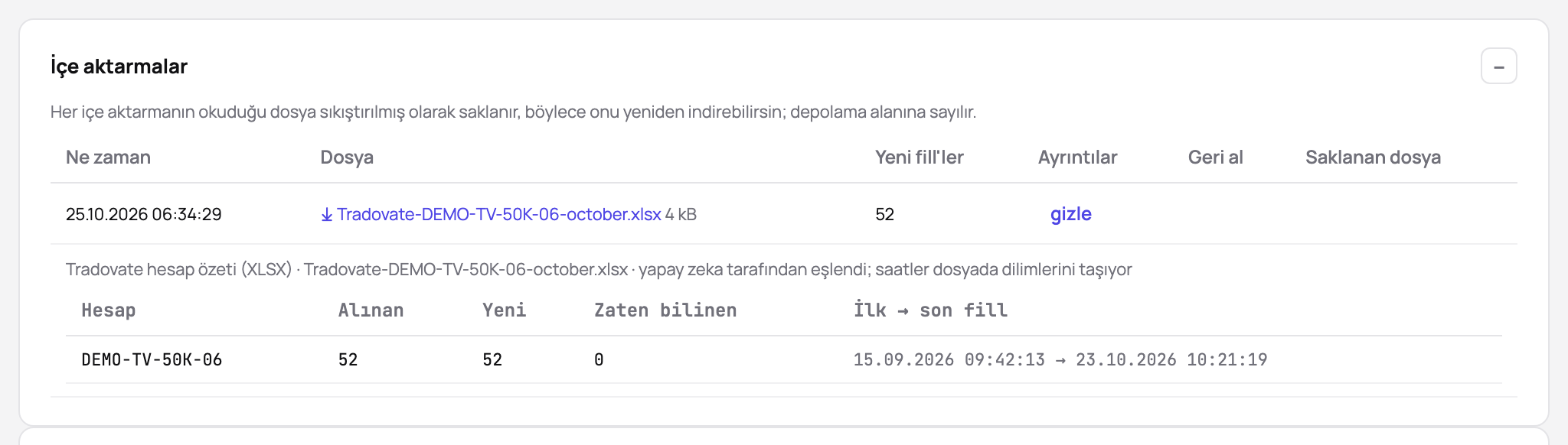 Bir hesabın içe aktarmaları: yapay zekanın eşlediği bir Tradovate ekstresi, okunan gerçekleşmeler, yeni ve zaten bilinenler, ilk ve son gerçekleşme
