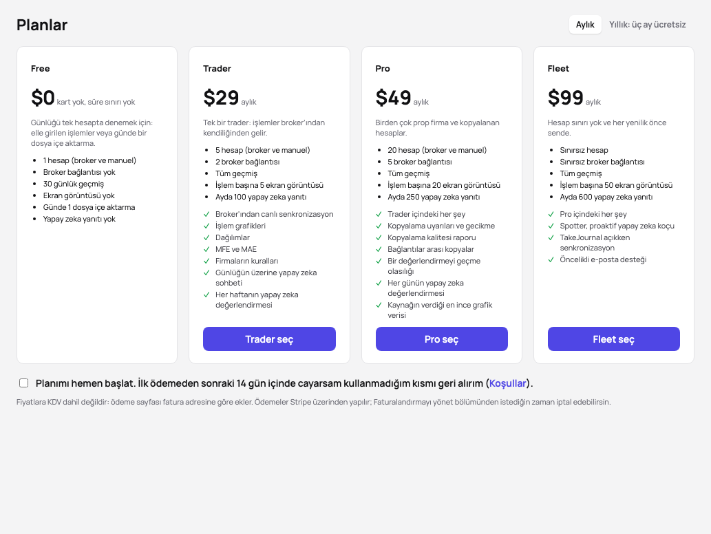 Planlar: Free, Trader, Pro ve Fleet yan yana, fiyatları, sınırları ve her birinin ekledikleriyle, planı hemen başlatma kutusu ve KDV notu