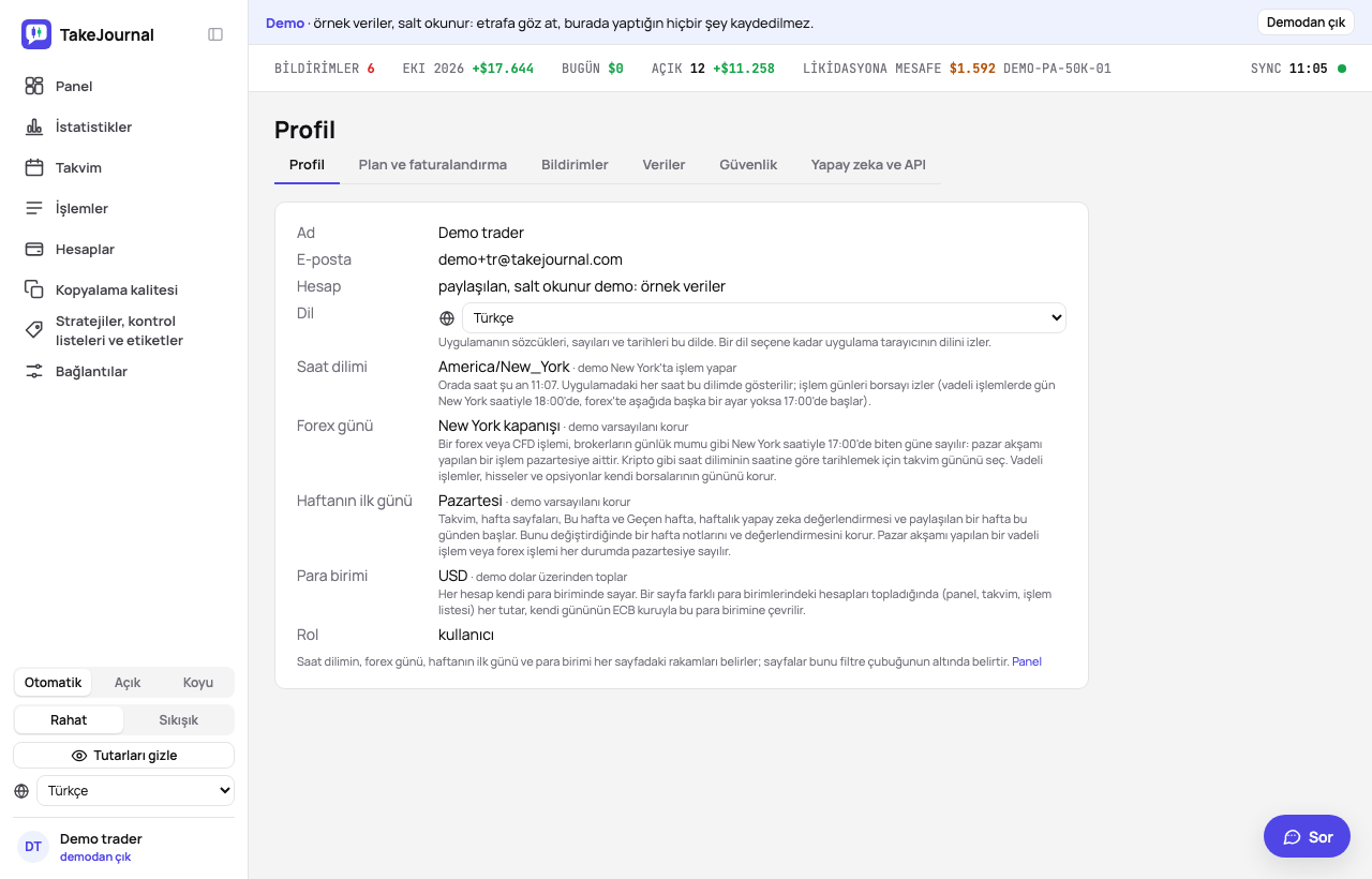 Profil sayfasının ilk sekmesi: ad, dil, saat dilimi, forex günü, hafta ve para birimi, üstte sekmeler