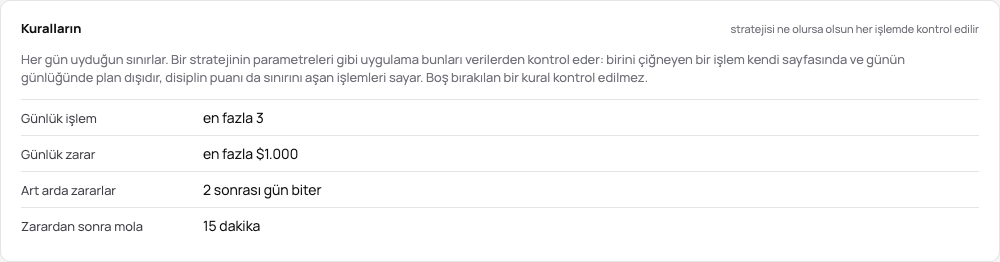 Demodaki kuralların: günde üç işlem, $1.000 günlük zarar, art arda iki zarardan sonra o günlük bitti, 15 dakikalık mola