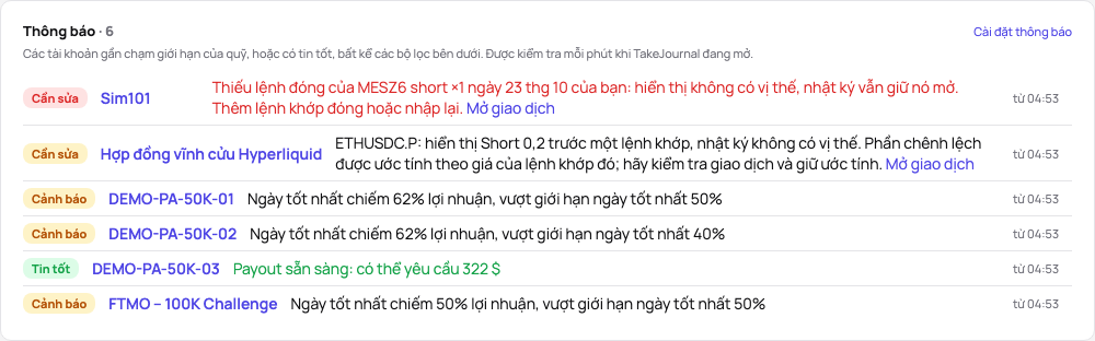 Thông báo ở đầu trang Tài khoản: một cảnh báo cho mỗi tài khoản với các con số và thời điểm bắt đầu, một payout sẵn sàng như tin tốt