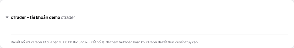 Thẻ kết nối cTrader trong bản demo: đã kết nối với một cTrader ID