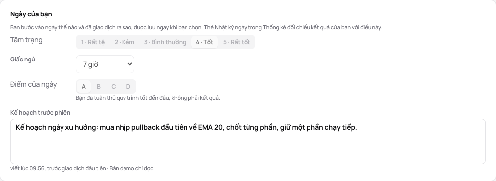 Ngày của bạn trên trang của một ngày: tâm trạng, giấc ngủ, điểm của ngày và kế hoạch, viết trước giao dịch đầu tiên