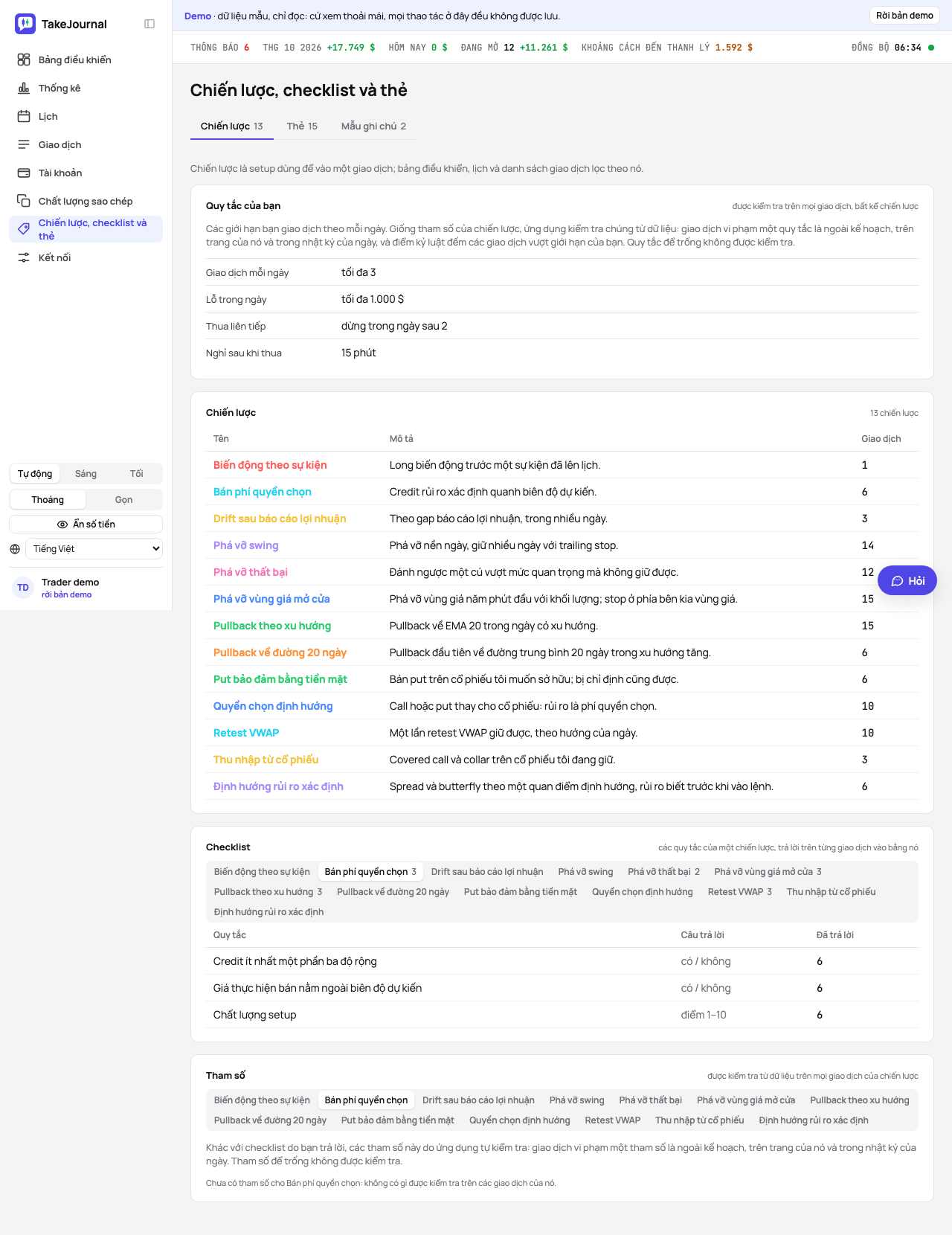 Trang Chiến lược, checklist và thẻ: các chiến lược kèm mô tả, và các checklist với một mục cho mỗi chiến lược