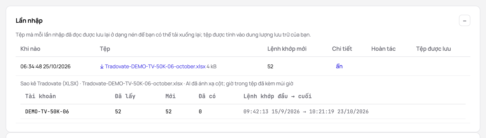 Các lần nhập của một tài khoản: một sao kê Tradovate được AI ánh xạ, với các lệnh khớp đã đọc, mới và đã có, cùng lệnh khớp đầu tiên và cuối cùng