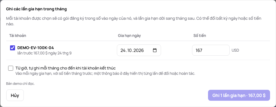 Các lần gia hạn trong tháng: mỗi tài khoản đến hạn được đánh dấu với ngày gia hạn và số tiền tháng trước, lựa chọn để chúng tự lặp lại và một nút để ghi tất cả